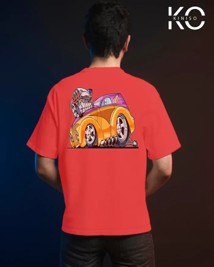 Image of Red color drop shoulder t-shirt with Racing Car Engine Print for men at reasonable price